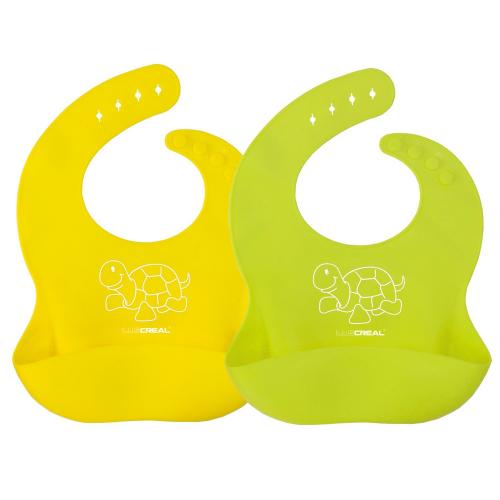 Waterproof Baby Bib with Food Catcher, LUSCREAL Large Feeding Bibs Organic Baby Bibs Silicone Bib with Adjustable Snap and Portable Roll Up, BPA Free for Baby Boys, Baby Girls and Toddlers - 2 pack of Green/Yellow